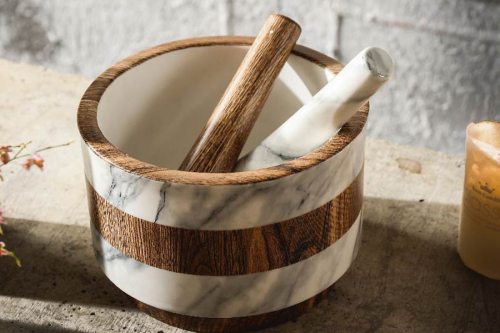 Ступка для специй, 15 см, с пестиком, фарфор P, серо-коричневая, мрамор, Wood&Marble, 63065