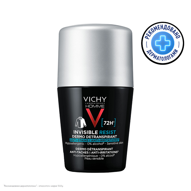 VICHY Мужской шариковый дезодорант-антиперспирант Invisible, защита от пота 72 часа, 50 мл