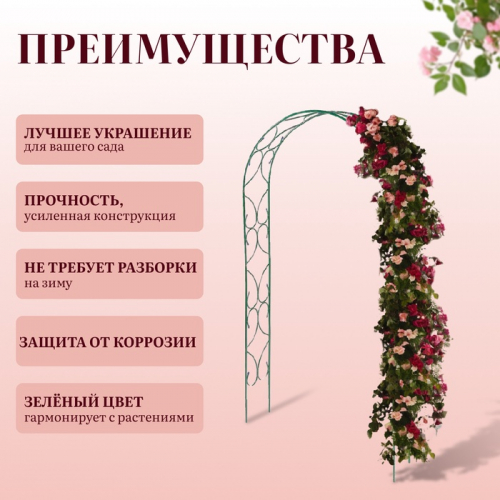 Арка садовая, 250×120×30 см, для вьющихся растений, металлическая, зелёная, «Узор-2»