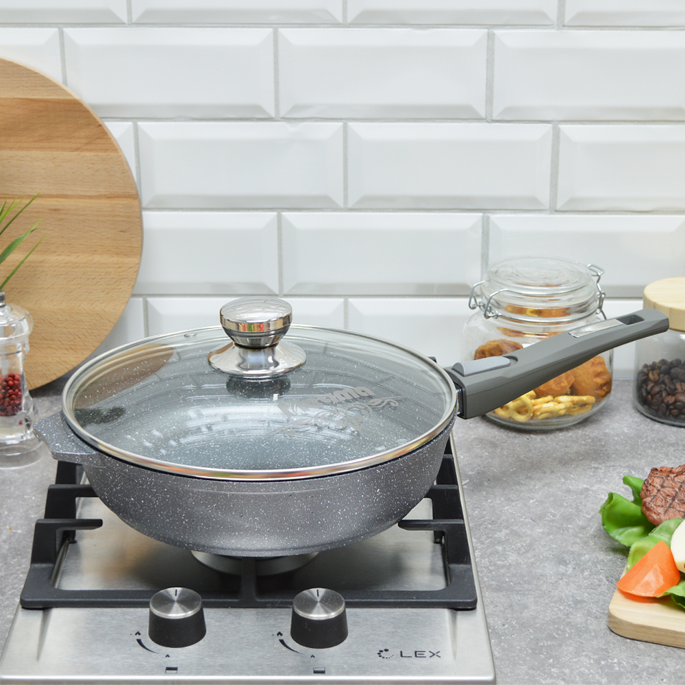 Сковорода 26см Гранит со съемной ручкой и стеклянной крышкой