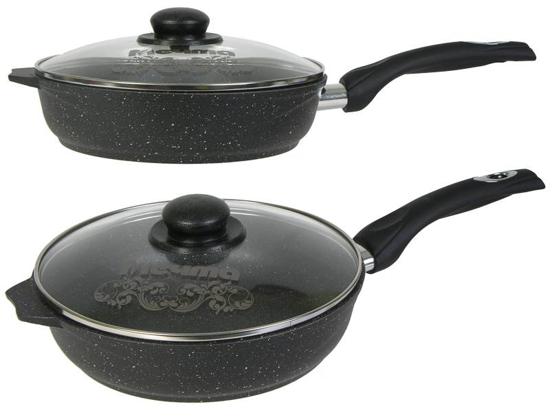 Сковорода 28см Гранит black с несъемной ручкой и стеклянной крышкой