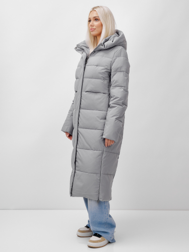 Пальто утепленное стеганное зимнее с капюшоном женское серого цвета 9620Sr