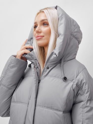 Пальто летучая мышь женское с капюшоном зимнее серого цвета 9619Sr