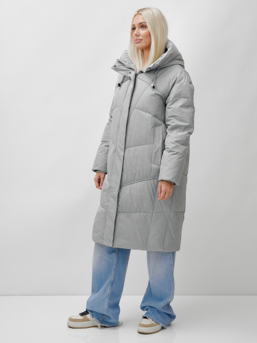 Пальто летучая мышь женское с капюшоном зимнее серого цвета 9616Sr