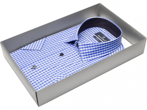 Синяя приталенная мужская рубашка в клетку с коротким рукавом Poggino ps-8202-01