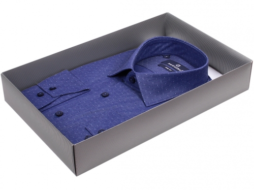 Синяя приталенная мужская рубашка Poggino 4001-28 в горошек