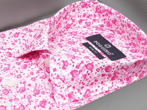 Розовая приталенная мужская рубашка Poggino 4000-91 в цветочек с коротким рукавом