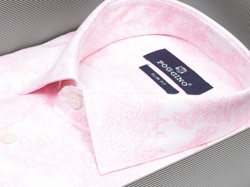 Розовая приталенная мужская рубашка Poggino 4000-93 в огурцах с коротким рукавом