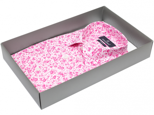 Розовая приталенная мужская рубашка Poggino 4000-91 в цветочек с коротким рукавом