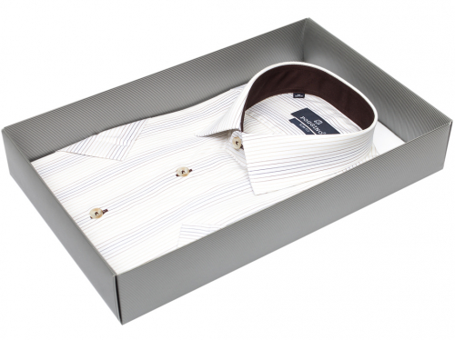 Белая приталенная мужская рубашка в полоску Poggino 7689-02 с коротким рукавом