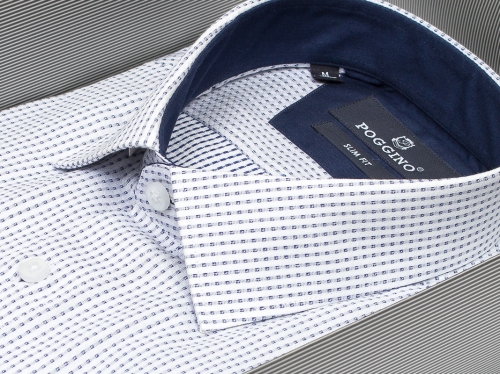 Белая приталенная мужская рубашка Poggino 6000-09 в полоску с коротким рукавом