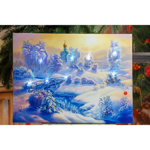 Картина новогодняя HD-8 30*40*1,6см со светодиодами Церковь в лесу (12)