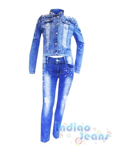 Ультрамодный рваный джинсовый костюм с россыпью из жемчуга