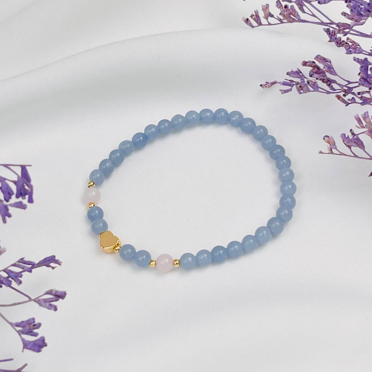 Радуга Самоцветов Браслет детский из Ангелита и Розового кварца со вставкой