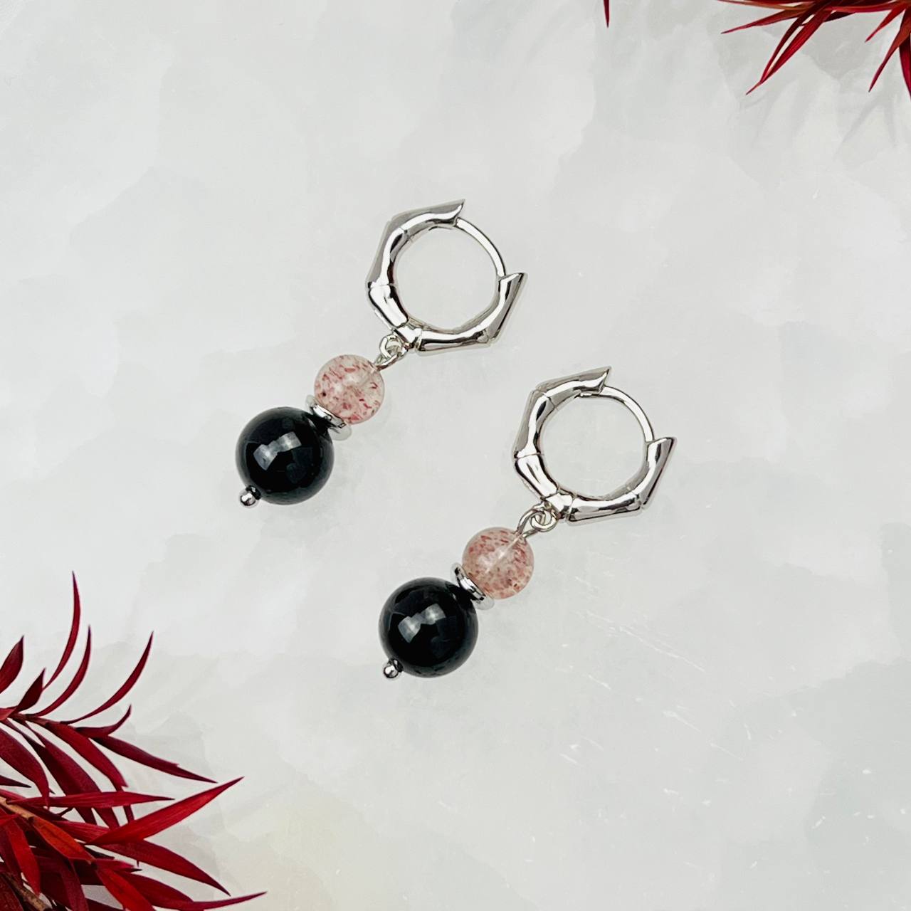 Радуга Самоцветов Серьги из Клубничного кварца и Граната