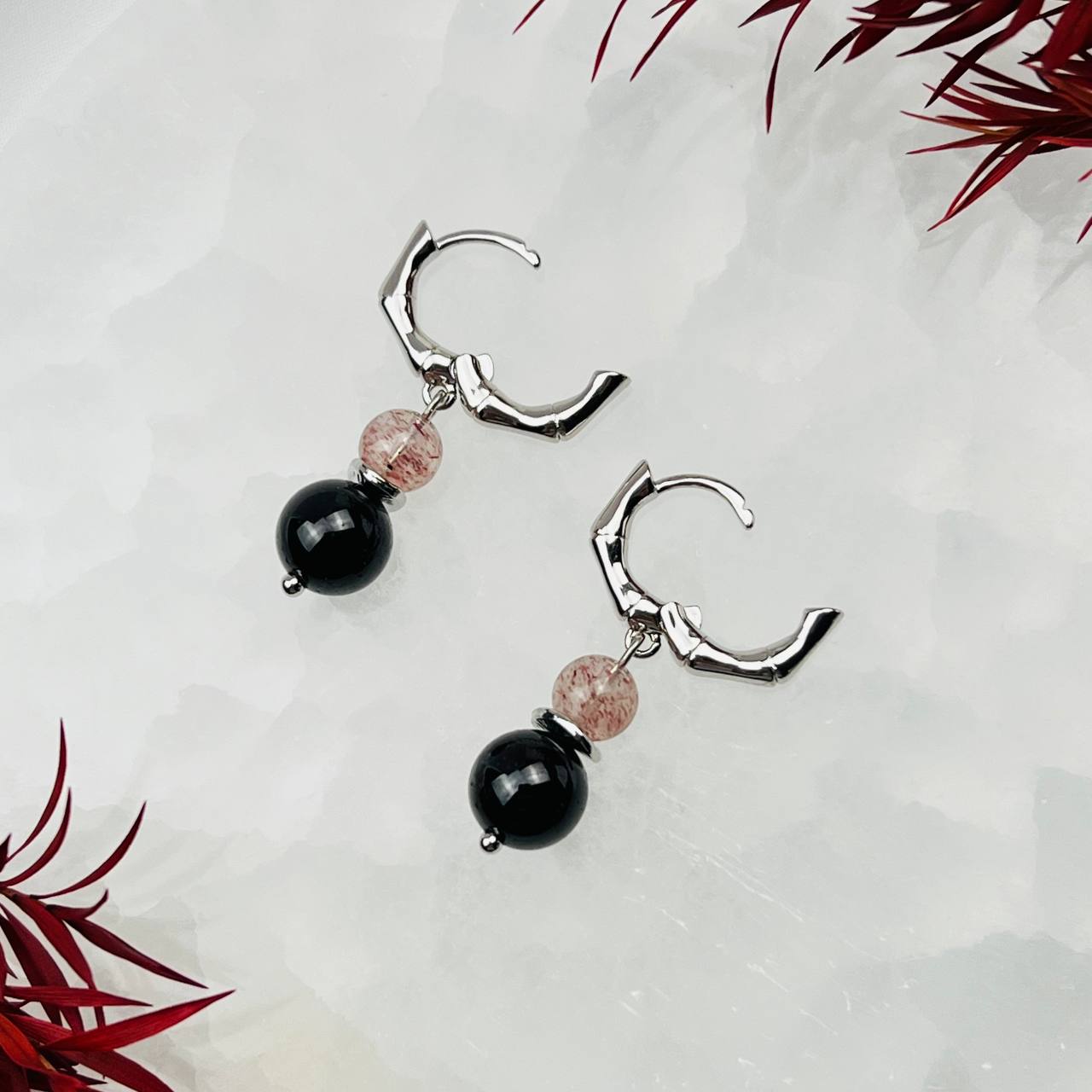 Радуга Самоцветов Серьги из Клубничного кварца и Граната