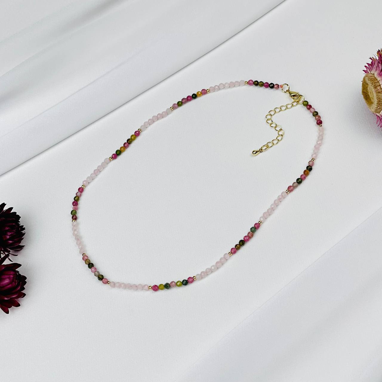 Радуга Самоцветов Чокер из Турмалина микс и Розового кварца