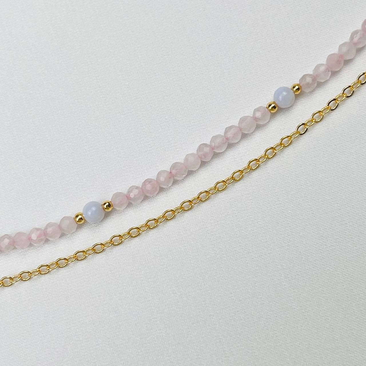 Радуга Самоцветов Колье двойное из Розового кварца и Голубого агата