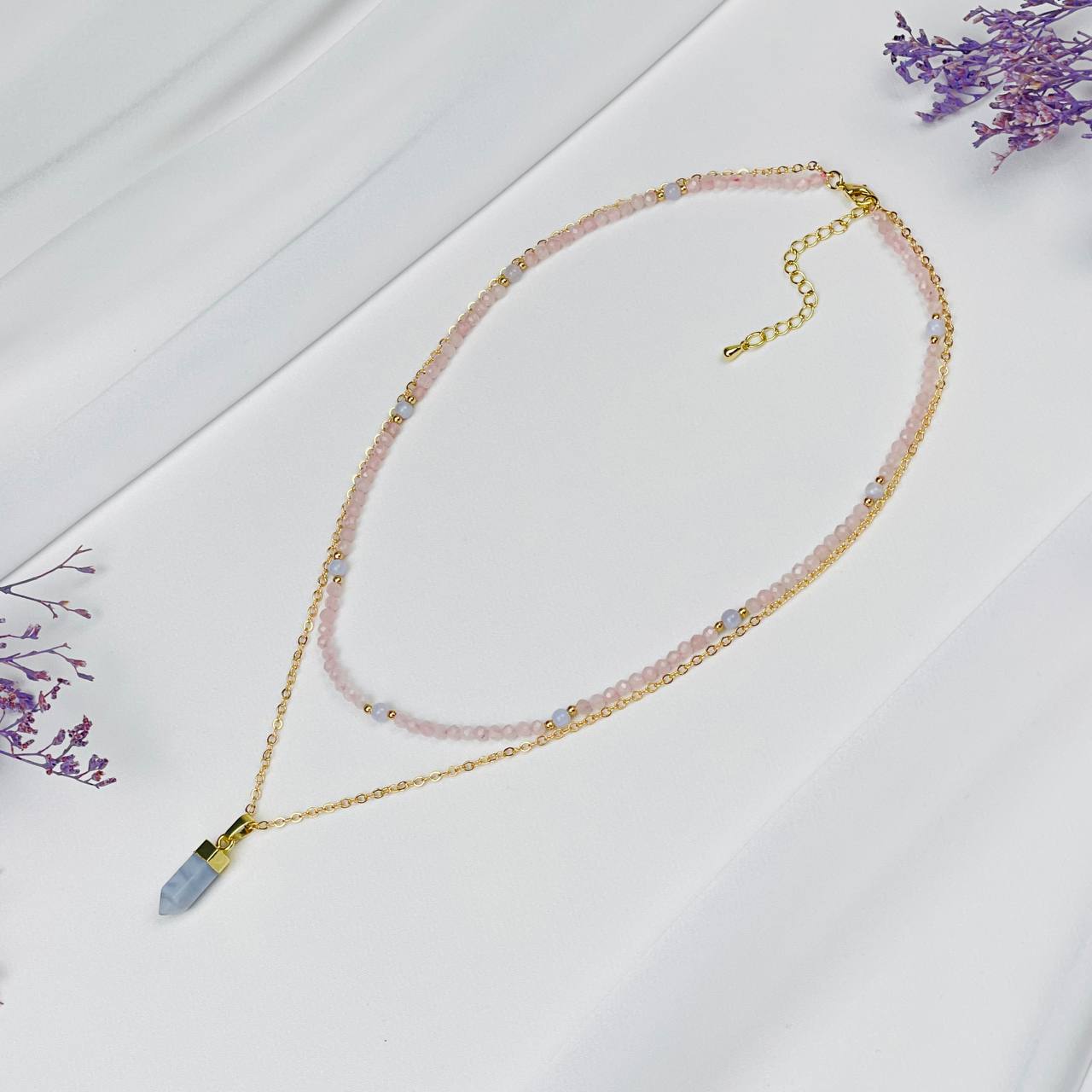 Радуга Самоцветов Колье двойное из Розового кварца и Голубого агата