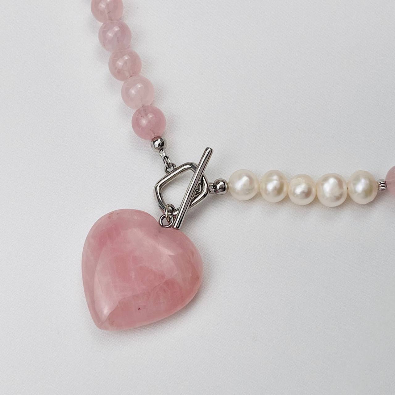 Радуга Самоцветов Колье из мадагаскарского Розового кварца и Жемчуга