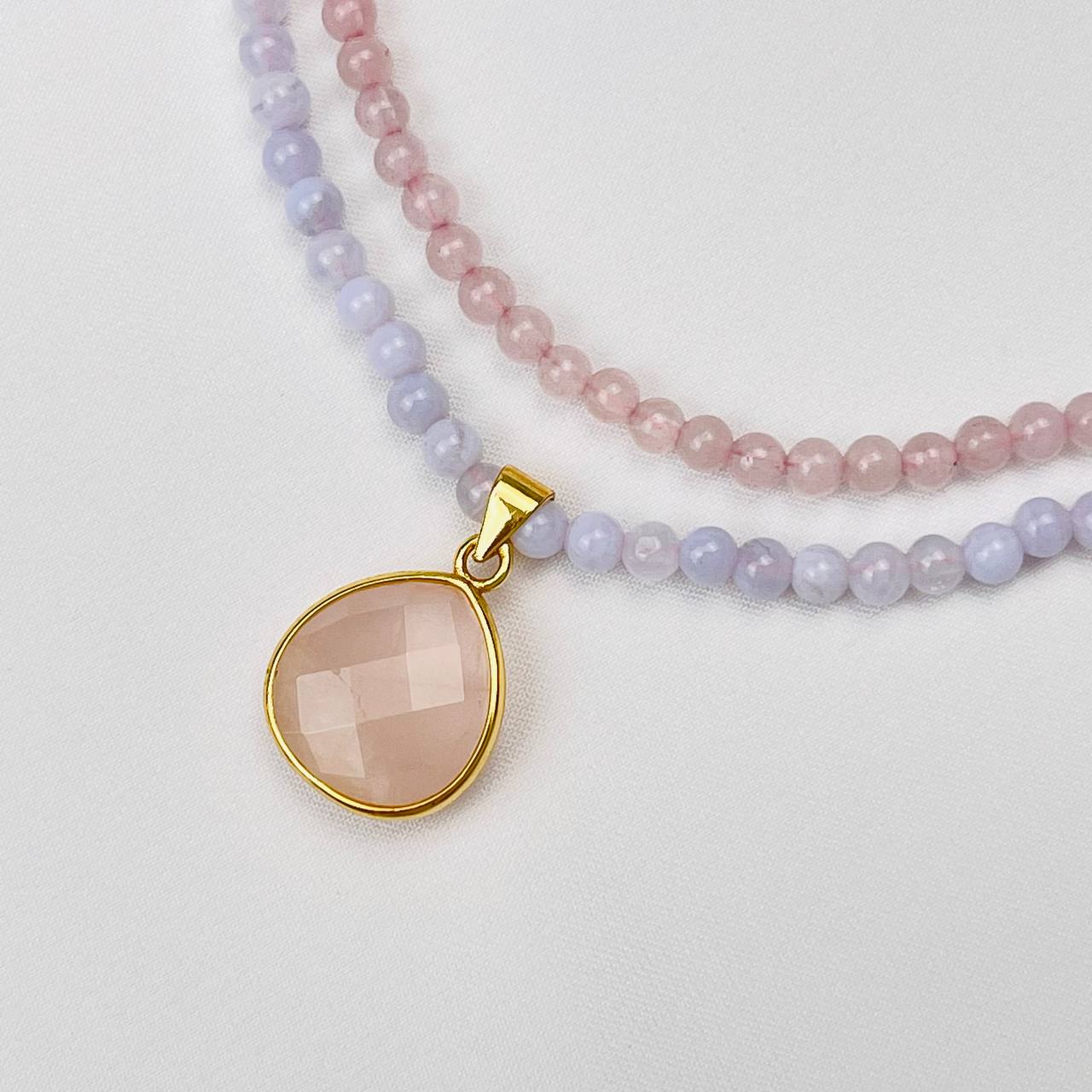 Радуга Самоцветов Чокер двойной из Голубого агата и Розового кварца с кулоном