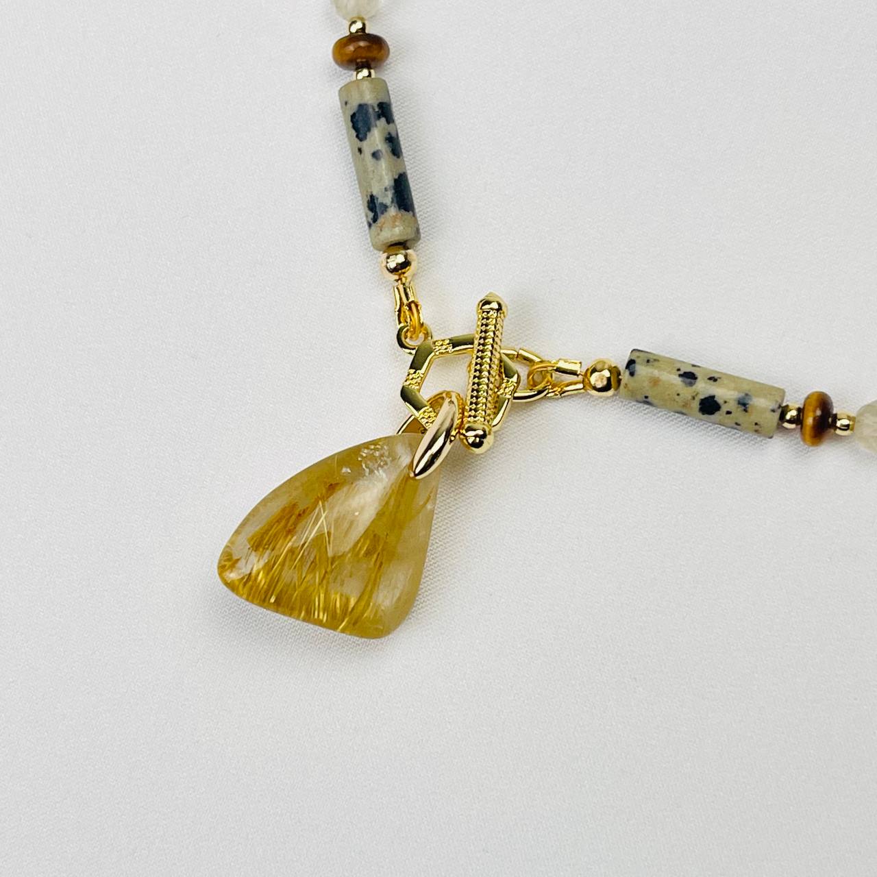 Радуга Самоцветов Колье из перепелиной Яшмы,Тигрового глаза и Рутилового кварца