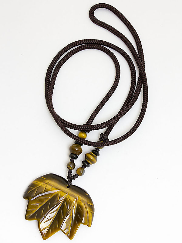 2825. Кулон из натурального тигрового глаза на веревке Лист. 8728088ТГ