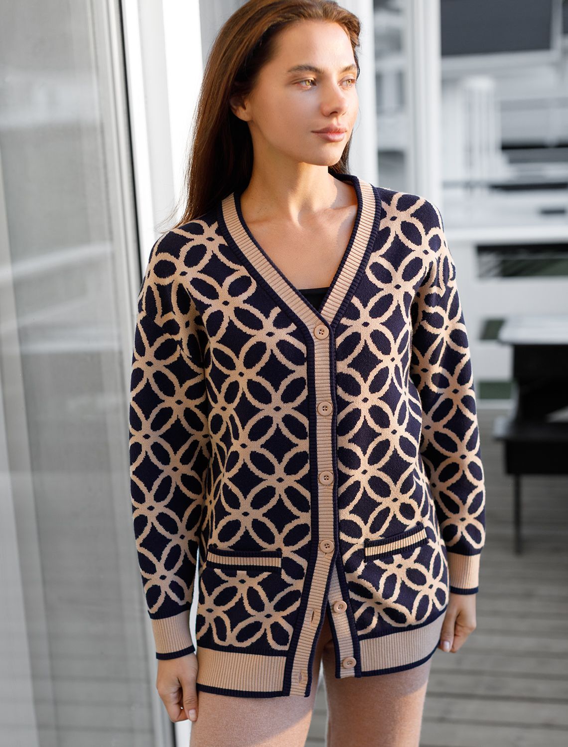 Кардиган жаккардовой вязки с кашемиром D31.130 синий-бежевый