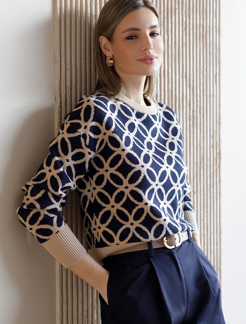 Джемпер жаккардовой вязки с кашемиром D39.309 синий-бежевый