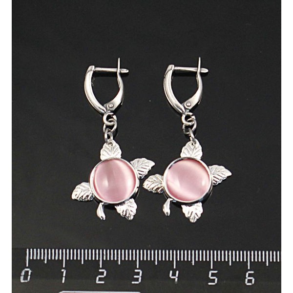 Серьги из кошачьего глаза (синт.), цвет розовый, круг 12мм,