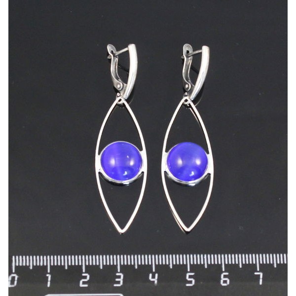 Серьги из кошачьего глаза (синт.), цвет синий индиго, круг 12мм,
