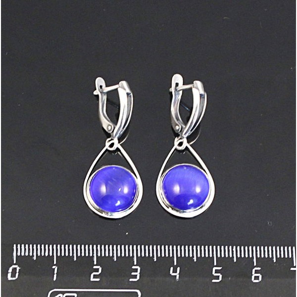 Серьги из кошачьего глаза (синт.), цвет синий индиго, круг 12мм,