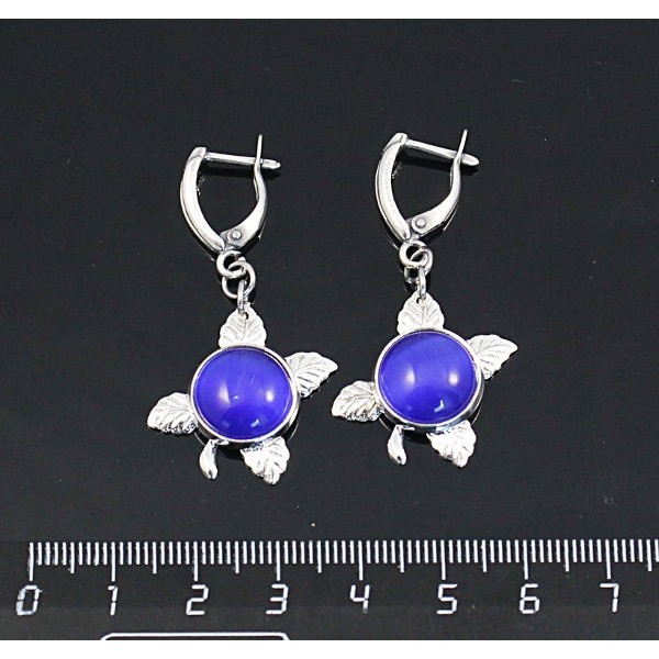 Серьги из кошачьего глаза (синт.), цвет синий индиго, круг 12мм,