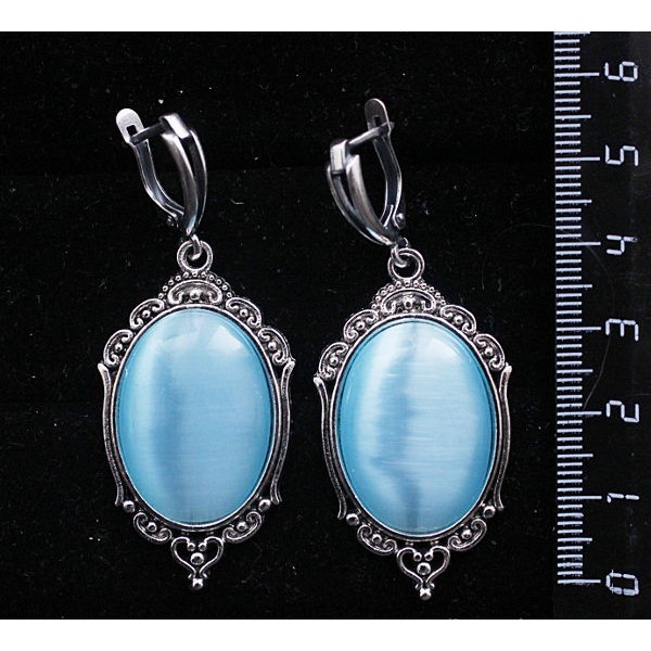 Серьги из кошачьего глаза (синт.), овал 25х18мм, цвет морская волна, оправа