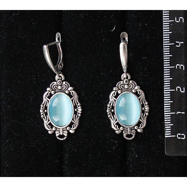 Серьги из кошачьчего глаза (синт.), цвет голубой,