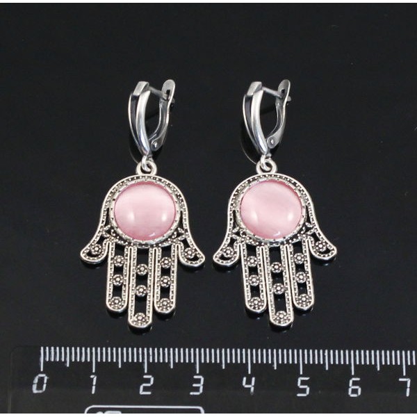 Серьги из кошачьего глаза (синт.), цвет розовый, круг 12мм,