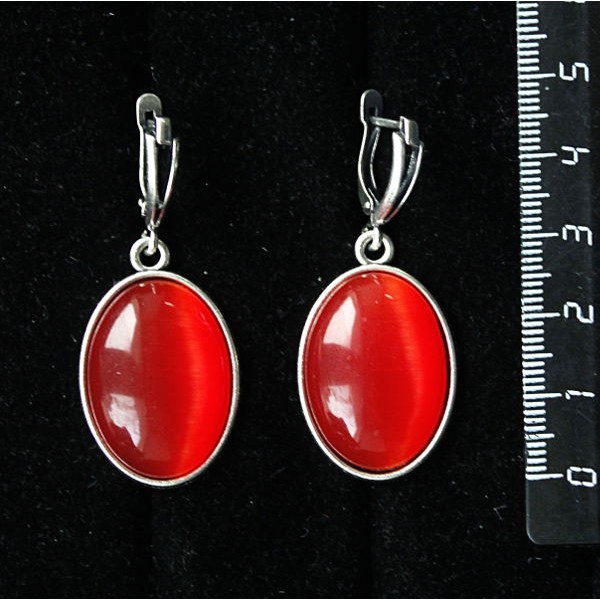 Серьги из кошачьего глаза (синт.), цвет тёмно-оранжевый, простой овал 25х18мм, швензы посеребрение
