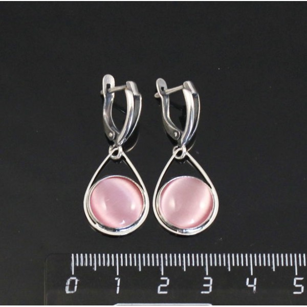 Серьги из кошачьего глаза (синт.), цвет розовый, круг 12мм,