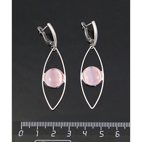 Серьги из кошачьего глаза (синт.), цвет розовый, круг 12мм,