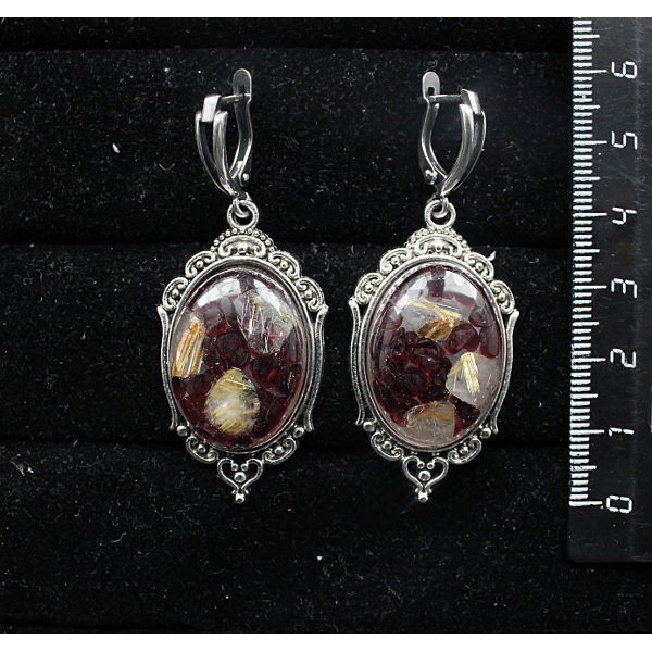 Серьги из волосатика и граната (кабошон-мозаика), овал 25х18мм, оправа