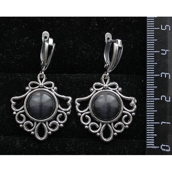 Серьги из кошачьего глаза (синт.), круг 12мм, цвет черный, оправа