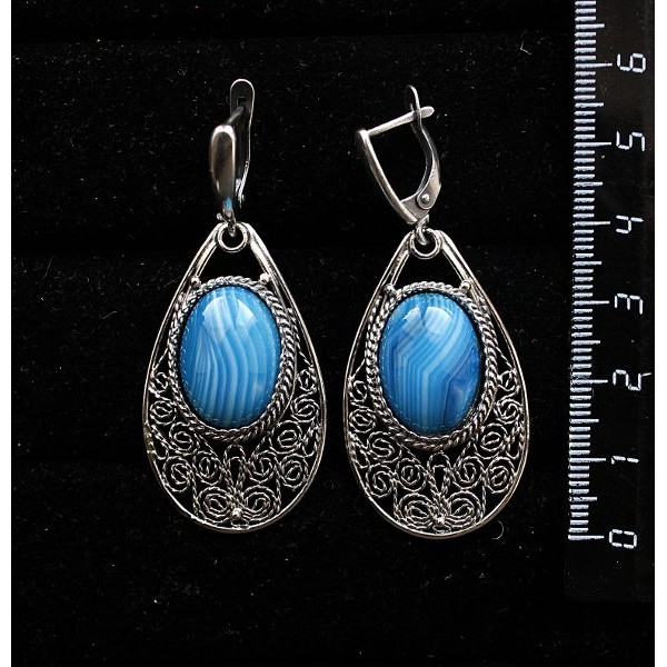 Серьги из агата синего (тонировка), филигрань, ручная работа, камень овал 18х13мм, швензы посеребрение
