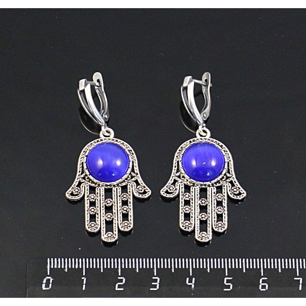 Серьги из кошачьего глаза (синт.), цвет синий индиго, круг 12мм,