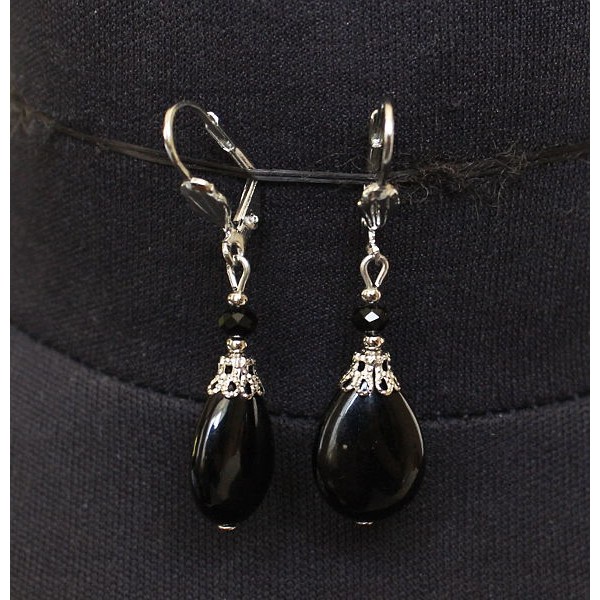 Серьги из агата черного, капелька плоская, шапочка