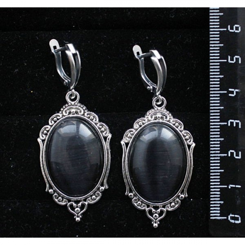 Серьги из кошачьего глаза (синт.), овал 25х18мм, цвет черный, оправа 