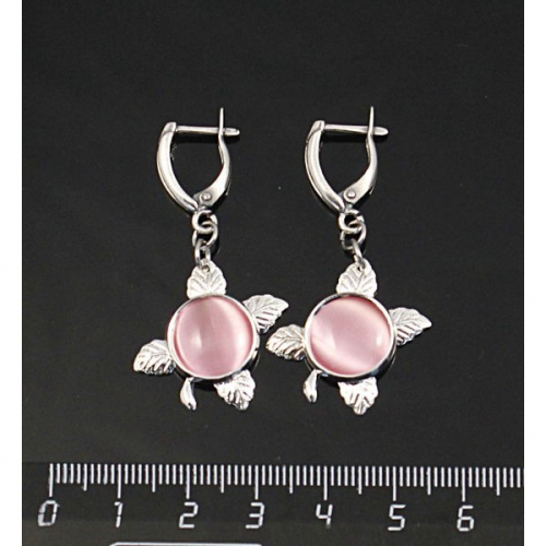 Серьги из кошачьего глаза (синт.), цвет розовый, круг 12мм, 