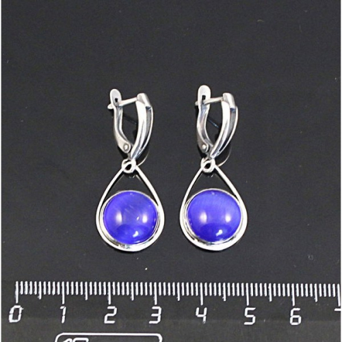 Серьги из кошачьего глаза (синт.), цвет синий индиго, круг 12мм, 