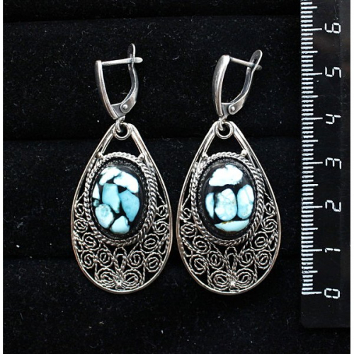 Серьги из бирюзы нат. (кабошон-мозаика), филигрань, ручная работа, камень овал 18х13мм, швензы посеребрение