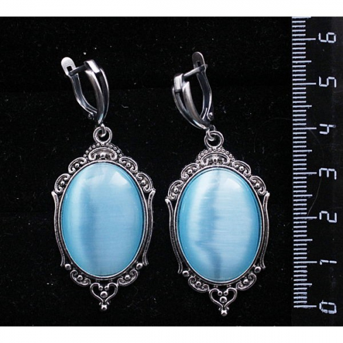 Серьги из кошачьего глаза (синт.), овал 25х18мм, цвет морская волна, оправа 