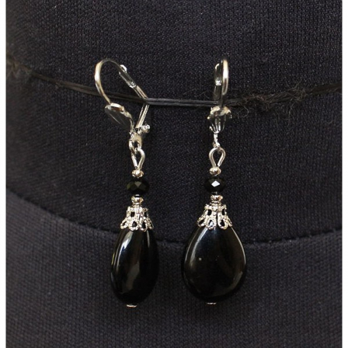 Серьги из агата черного, капелька плоская, шапочка 